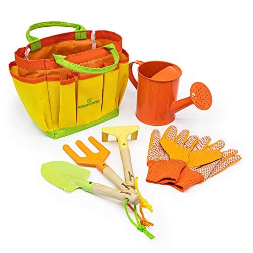 Gardening Set, Tool Kit, for Kids, STEM, Includes Tote Bag, Spade, Watering Can, Rake, Fork, Trowel and Gloves (Sunshine)