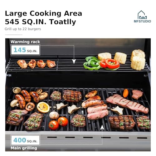 MFSTUDIO 4-Burner Propane Gas Grill, Stainless Steel BBQ Grill with Side Burner and Porcelain-Enameled Cast Iron Grates, High Heat Output Gas BBQ Grills for Barbeque and Outdoor Cooking
