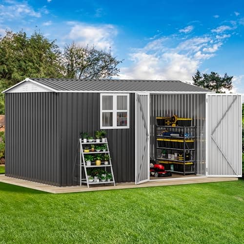 DWVO 12' x 8' Outdoor Storage Shed, Waterproof Metal Garden Shed with Windows, Lockable Doors, and Sloped Roof for Patio, Backyard, Lawn, Tool Storage, Bike Shed, Pet Shelter (Gray + White)