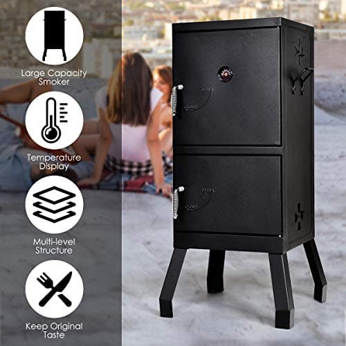 DORTALA Vertical Charcoal Smoker, Outdoors Charcoal Barbeque, Smoked Carbon Oven, Iron Structure, w/Two Chrome-plated Nets, Two Charcoal Pots, Suitable for Lawn Picnic, Backyard BBQ (Black)