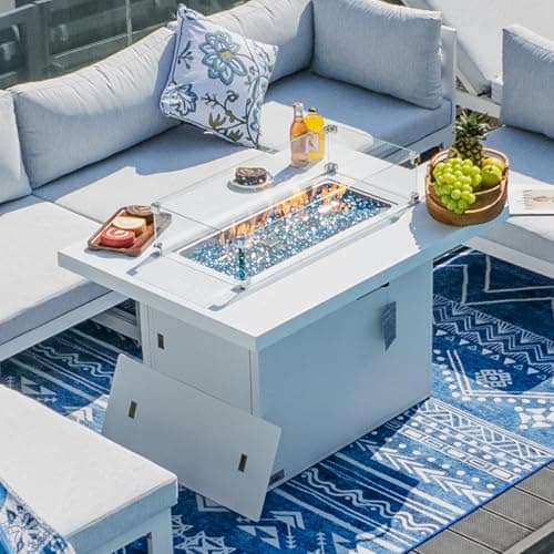 NICESOUL 43'' Outdoor Aluminum Firepit Table, 60,000 BTU Propane/Natural Gas, Rectangle CSA-Certified Fire Pit with Wind Guard & Glass Rocks, Rust-Proof Luxury Fireplace for Patio Poolside Deck, White