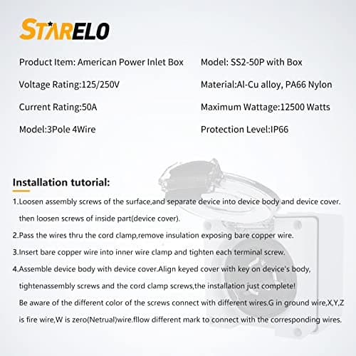 STARELO 50 Amp Generator Power Inlet Box NEMA SS2-50P,125/250 Volt 12500W, Outdoor dustproof and Weatherproof for generators, Welding Machines, etc.ETL Listed.(NEMA SS2-50P Box)