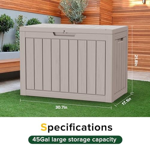 45 Gallon UV Resistant Outdoor Storage Box Waterproof, Lockable Resin Deck Box for Garden Tools, Sports Equipment and Cushions, Gray