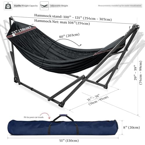 Tranquillo Hammock Stand 600 lbs Capacity, Instant 20s Foldable, 3-Year Warranty Hammock with Stand, 2 Person Camping Revolutionary Portable No Screws, Premium Hammocks, Black