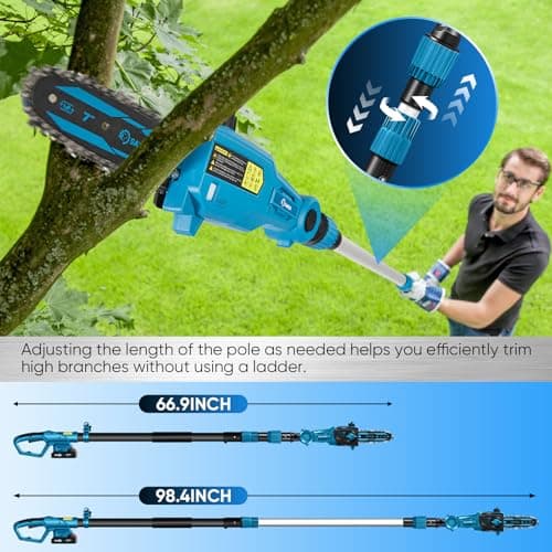 Saker Pole Saw and Pole Hedge Trimmer for Tree Trimming,66.9-98.4Inch Electric Pole Saw and Hedge Trimmer with Extension Pole,Cordless Electric Trimming Tools with Pole and 2.0Ah Battery & Charger