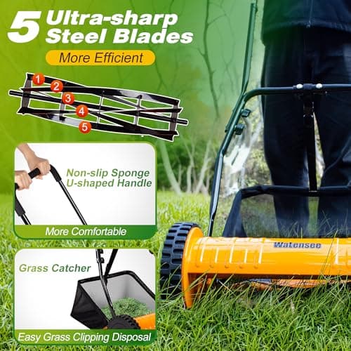 Walensee 16-Inch 5-Blade Push Reel Lawn Mower, Cordless Manual Reel Lawn Mower Walk-Behind Steel Lawn Mowers with Removable 7.9-Gallon Grass Catcher, Sponge Grip, 4-Position Cutting Height Adjustment
