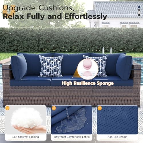 UDPATIO Patio Furniture Set with Fire Pit Table, 8 Piece Outdoor Sectional Modular Sofa, Wicker Outdoor Furniture Conversation Sets with Waterproof Cover for Backyard Deck (Brown/Navy Bule)