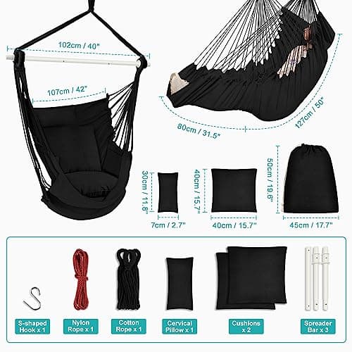 Outerman Hammock Chair, Hanging Chair with 3 Cushions and Foot Rest Support, Sturdy Metal Spreader Bar Max 500Lbs, Swing Chair for Bedroom, Indoor & Outdoor, Patio, Porch or Tree（Black）…