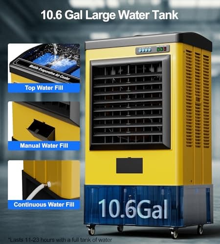4800CFM Swamp Cooler,42IN Evaporative Air Cooler with Continuous Auto Fill,10.6-Gal Water Tank,3 Ice Packs,Portable Evaporative Cooler for Outdoor Patio Garage Commercial Industrial Use