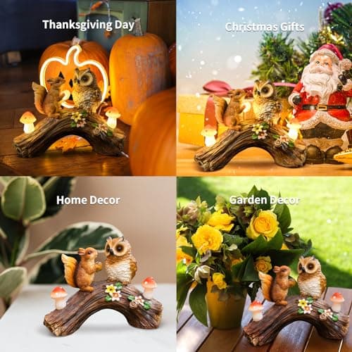 Solar Owl Garden Statues Outdoor Decor Resin Owl Squirrel Figurine with Mushroom Lights for Patio Lawn Yard Decorations Christmas Housewarming Gardening Gifts for Women Mom