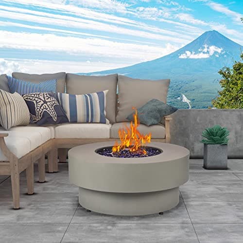 Propane Outdoor Fire Pit Table, Flint & Concrete Look 33-inch Round Patio Gas Fire Table 50,000 BTU w/Lid, Fire Glass, Heavy Duty Rain Cover, Pre-Attached 10ft Propane Hose