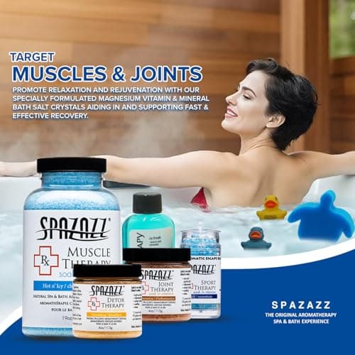 Spazazz Sports Athlete Hot Tub & Bath Salt Gift Bundle - Muscle Therapy 19 oz, Rx Joint 4oz, Detox 4oz, Aqua Therapy Re-Fresh 2.5oz, Sport Aroma Beads .5oz, scum Sponge, Hot/Cold Towel, Rubber Duck