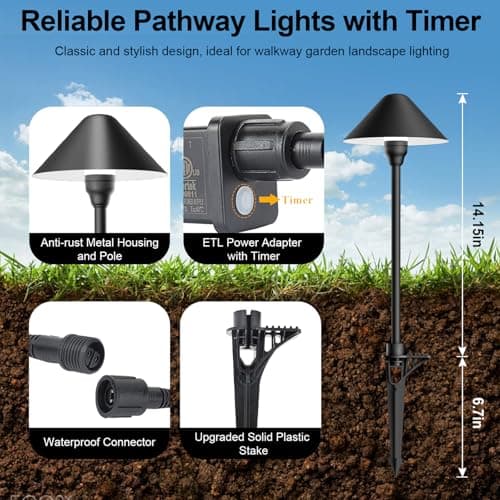 Low Voltage Pathway Lights with Timing Plug, Low Voltage Landscape Lighting, Waterproof Landscape Path Lights Outdoor Garden Lights for Flower Bed Yard Lawn Backyard Walkway Driveway, Set of 4
