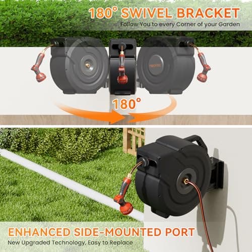 NEOTEC Retractable Garden Hose Reel 5/8 inch x 90ft - Wall Mounted Heavy Duty Hose Reel with 3/4 Inch Brass Fittings & 9-Pattern Nozzle - Auto Rewind System, Any Length Lock, 180° Swivel Bracket