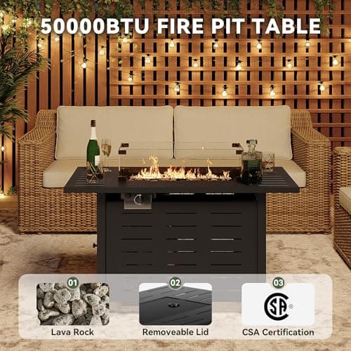 Aoxun 44 Inch Propane Fire Pit 50,000 BTU Outdoor Gas Fire Table with Waterproof Cover and Glass Wind Guard, Rectangular Steel Firepit Table with Lid and Lava Rock for Outdoor, Patio, Backyard