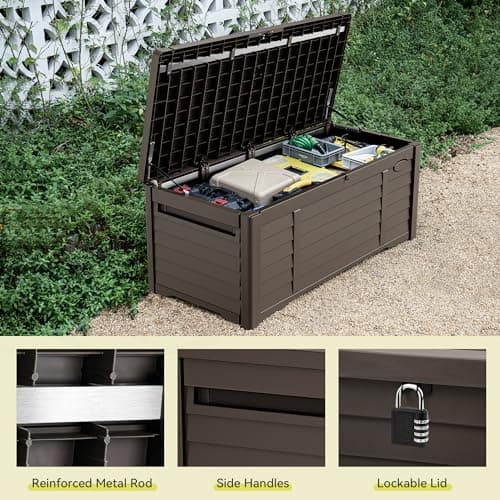 YITAHOME 120 Gallon Large Outdoor Storage Deck Box, Waterproof Cushion Storage Bench with Lockable Lid for Patio, Pool Supplies, Garden Tools, Resin, Dark Brown