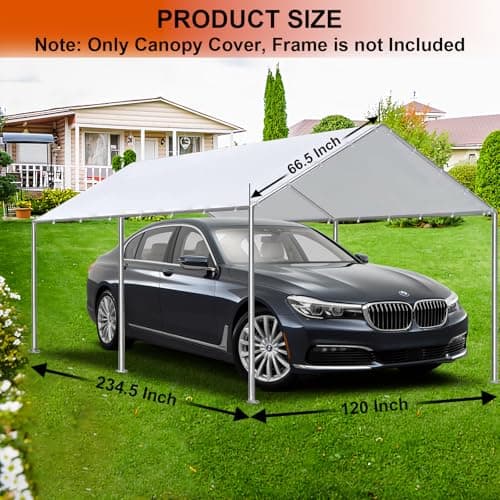 10 x 20 Ft Carport Replacement Canopy Cover Garage Top Tent Shelter with 40 Ball Bungee Cords Heavy Duty Waterproof UV & Tear Resistant, Easy Assembly, White (Only Cover, Frame Not Include)