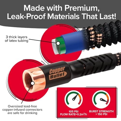 Pocket Hose Copper Bullet Expandable Garden Hose 50 FT w/10 Pattern Thumb Spray Nozzle AS-SEEN-ON-TV 650psi 3/4 in Patented Lead-Free Ultra-Lightweight Solid Copper Anodized Aluminum Fittings No-Kink