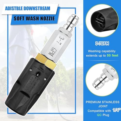 Adjustable Downstream Soft Wash Nozzle， Twist Nozzle 0 to 60° spray pattern with Low to High Reach， for elevated areas and hard to reach， for use with Pressure Washer 3-7 GPM