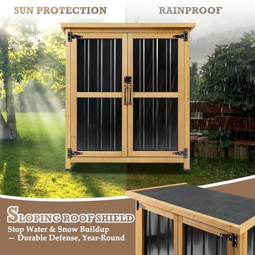 Outdoor Storage Cabinet, Weatherproof Horizontal Storage Shed Box with Lockable Doors, Wood & Metal Patio Backyard Organizer for Lawn Equipment, Gardening Tools, Pool Accessories Yard Supplies