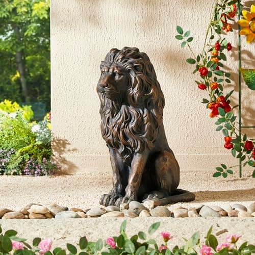 Glitzhome Guardian Sitting Lion Statue Regal Indoor and Outdoor Garden Sculpture for Home Entrance Porch and Yard, 20.5in Tall, Bronze