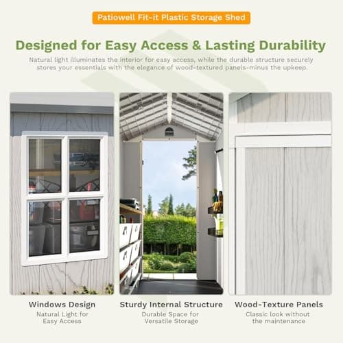 Patiowell 4' x 8' Outdoor Storage Shed with Floor, Plastic Shed Outside Resin Tool Shed with Two Windows and Lockable Door for Backyard Garden Patio Lawn, White (Fit-it Shed)