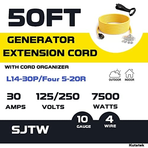 50Ft L14-30P to Four 5-20R, 4 Prong Generator Distribution Extension Power Cord, 30 Amp 125/250V 7500 Watts, 10 Gauge SJTW Cable… (50 FT)
