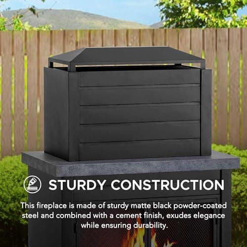 Sunjoy Outdoor Fireplace with Wood Storage and Chimney, Steel Metal Fire Pit with Mesh Spark Screen Door & Fire Poker, Fireplace Tool and PVC Cover, for Patio Garden Deck Backyard, Black