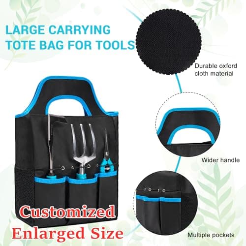 Garden Tool Set with Non Slip Rubber Grip,11 Piece Stainless Steel Gardening Tool Sets,Heavy Duty Outdoor Hand Tools Kit,Durable Tote Bag,Repotting mat,Uprooting Weeding Tool,Ideal Gifts Blue