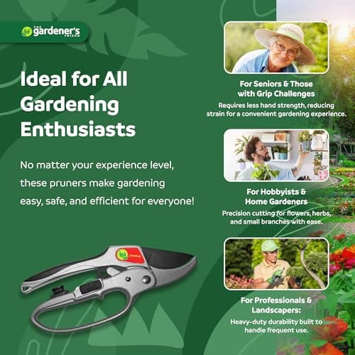 Ratchet Pruning Shears Gardening Tool – Anvil Pruner with Assisted Action – Ratcheting Pruners for with Heavy Duty, Nonstick Steel Blade – Garden Tools by The Gardener's Friend