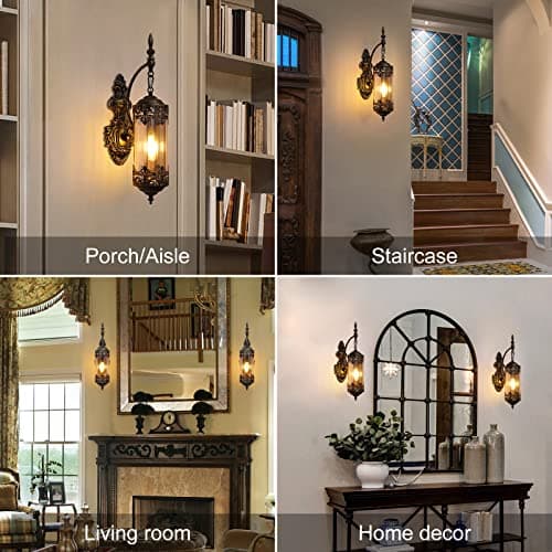 Rustic Wall Sconce with Amber Glass Mini Vintage Antique Gothic Wall Light Fixture Retro Farmhouse Mid Centry Lantern Wall Sconce for Bedroom, Hallway, Mirror, Bursh Gold, E12