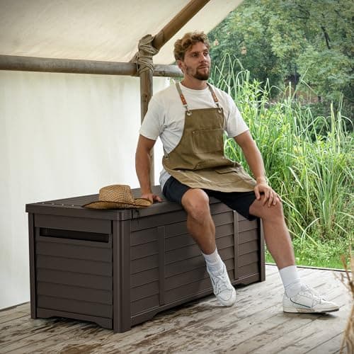 YITAHOME 120 Gallon Large Outdoor Storage Deck Box, Waterproof Cushion Storage Bench with Lockable Lid for Patio, Pool Supplies, Garden Tools, Resin, Dark Brown