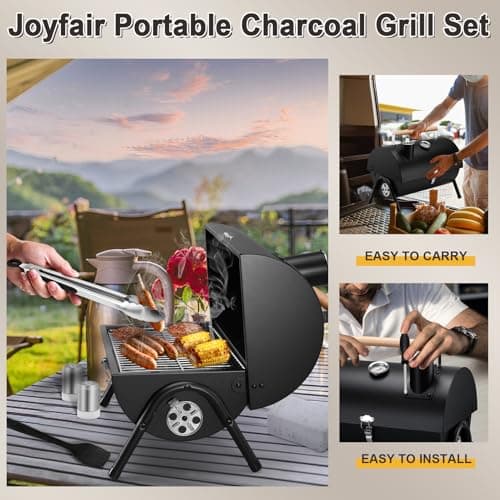 Joyfair Portable Charcoal Grill Set, Small Tabletop Barbecue Grill with Accessories Tools for Outdoor Camping BBQ Grilling Backyard Party Cooking, Heavy Duty & Innovative Design, Thermometer & Chimney