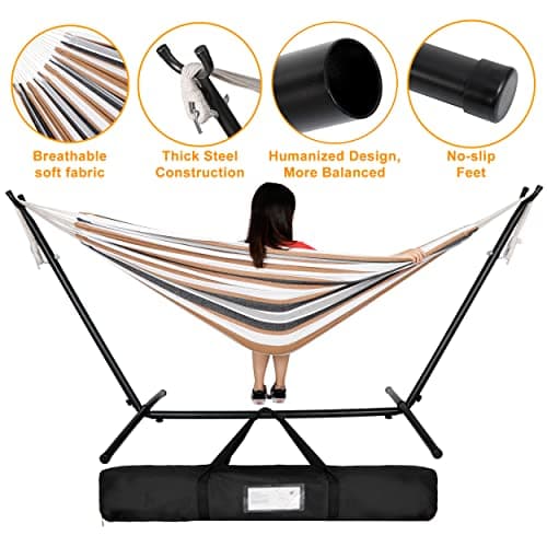 SUPER DEAL Portable 2 Person Hammock with 9FT Hammock Stand, 620 LBS Capacity Adjustable Hammock Bed with Space Saving Carrying Case Included for Camping Garden Backyard Patio Indoor Outdoor