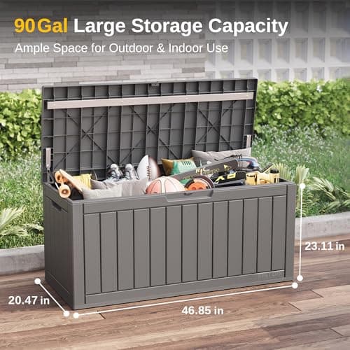 EAST OAK Outdoor Storage Box, 90 Gallon Deck Box, Waterproof Resin Storage Bin for Patio Cushions, Gardening Tools, Lockable, UV Resistant, Grey