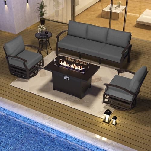 ALAULM Aluminum Patio Furniture Set with Propane Fire Pit Table 5-seat Metal Outdoor Furniture w/Fire Pit Patio Sectional Sofas w/5.2" Cushions for Patio, Backyard, Poolside-Grey