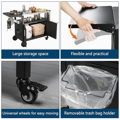 JY QAQA Outdoor Grill Cart with Storage,Patio Kitchen Island Outdoor Grill Table with Wheels,BBQ Cart Movable Pizza Oven Table Stand, Storage Cabinet, Foldable Tabletop, (Black)
