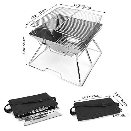 Odoland Folding Campfire Grill, 304 Stainless Steel Grate Barbeque Grill, Portable Camping Grill with Legs for Picnics, Backpacking, Outdoor with Carrying Bag and Kitchen Tongs