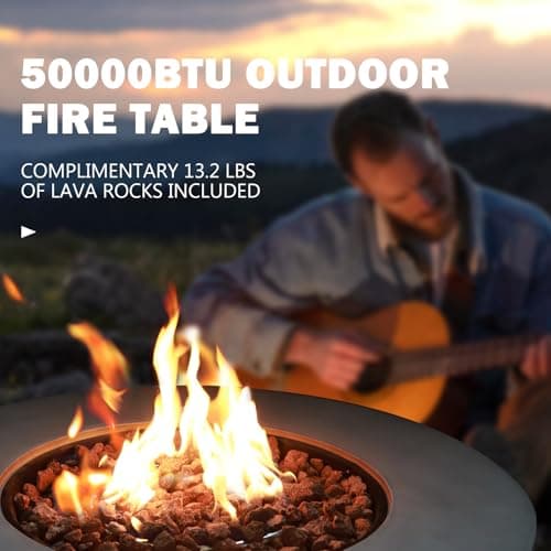 31.5 Inch Outdoor Propane Fire Pit Table 2-Piece 50,000 BTU Gas Fire Pit Concrete Round Burner Tank Cover Fire Coffee Table with Lid for Garden,Deck-31.5" Grey