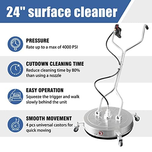 janz 24'' Pressure Washer Surface Cleaner with 4 Wheels,Dual Handle,Stainless Steel Housing, 4 Replacement Nozzle Cores and 2 Hose Adapters,Ideal for Driveways, Sidewalks,Patios,Decks Cleaning