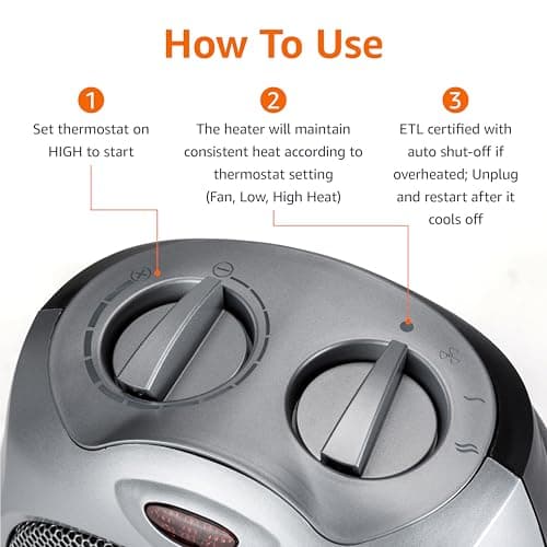 Amazon Basics Ceramic Space Heater, Portable Heater for Indoor Use, for Office and Home, With Overheat and Tip-Over Protection, Thermostat, Non-Oscillating, 1500W, Silver, 7.52"D x 6.34"W x 9.45"H