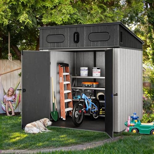 YITAHOME 6x6 FT Outdoor Storage Shed, All-Weather Resin Garden Shed with Windows, Vents and Lockable Double Doors for Garden Tools, Bikes, and Sundries, Waterproof, Gray