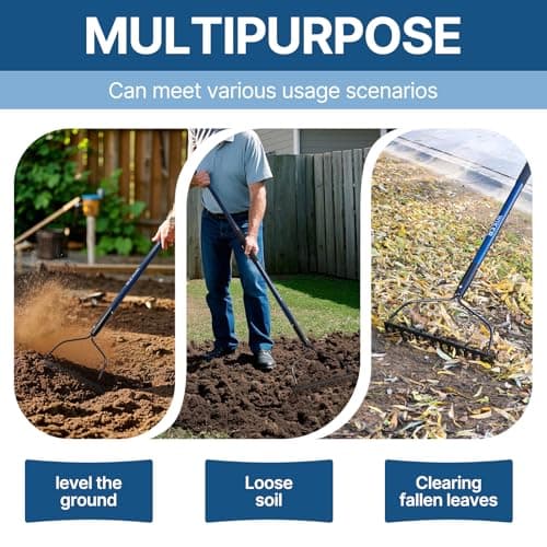 57 Inch Heavy Duty Garden Rake with Blue Fiberglass Handle - 14-Tooth Metal Yard Rake for Gardening, Farming, and Yard Work - Durable Hard Rakes for Heavy Duty Use