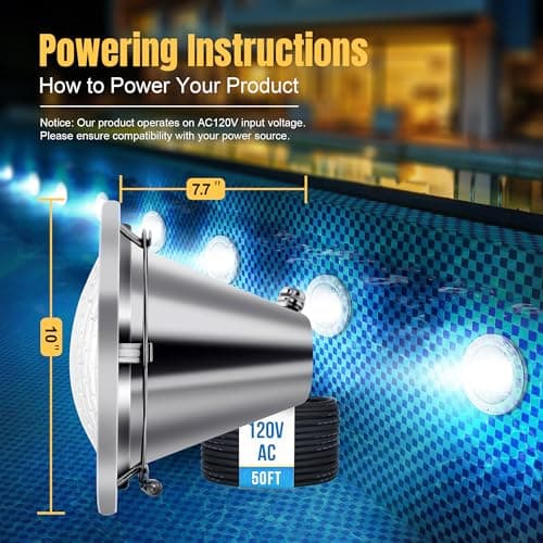 120V 10-Inch Pool Light for Inground Pools, IP68 Waterproof Pool Lights, Includes 2 x 500W Incandescent Bulbs, 50ft Cord - Direct Replacement Pentair EC602168, Fits 10'' Pool Niche
