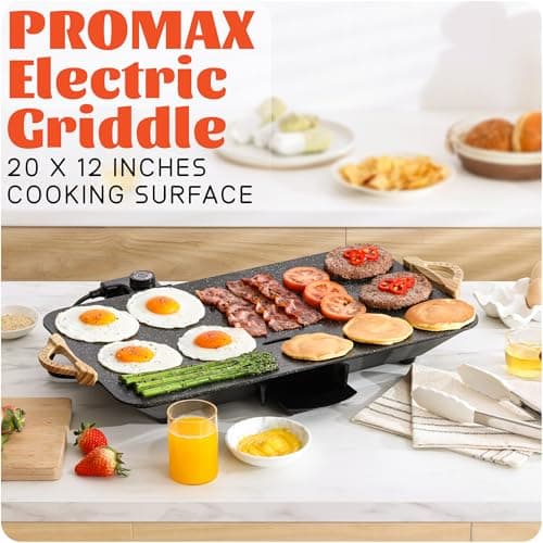 12x20 Inch Extra Large Electric Griddle, 1700W Fast Even Heating, ILAG Granite Nonstick, Slope Design for BBQ Masters, Frameless design for Easy Cleaning, Great for Family Gatherings, Black