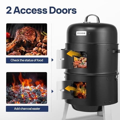 VIVOHOME 3-in-1 Vertical Charcoal Smoker, BBQ Smoker Grill with Built-in Thermometer, Air Vent, and 2 Access Doors, Idea for Parties, Backyard, Barbecues