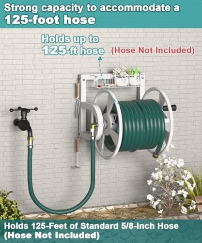 Outdoor Wall Mounted Hose Reel with Hook, Garden Heavy-Duty Water Hose Holder Winder with 3.9 ft Leader Hose, Brass Fitting and Storage Basket for Yard, Holds 125 Ft of 5/8-Inch Hose, White