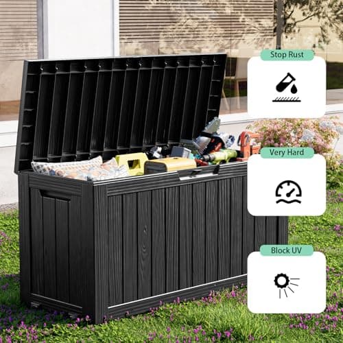 76 Gallon Outdoor Deck Box,Storage Lockable Waterproof Patio Furniture,Garden Tools,Cushions,Pool Accessories Outside Storage Resin Box(Black)