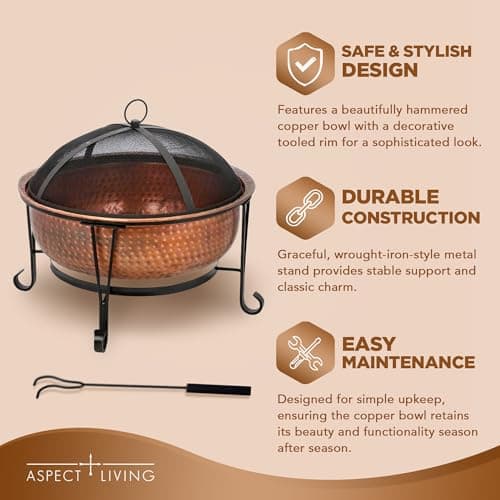 26.5" Genuine Copper Wood Burning Fire Pit w/Spark Screen, Lift Tool, Grate #65126
