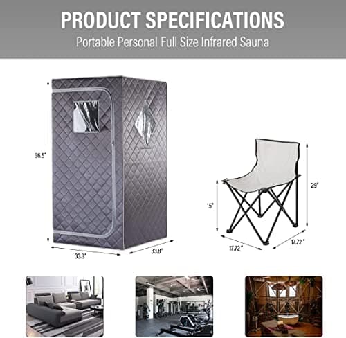 Full Size Portable Personal Infrared Sauna for Home, Personal Home Spa Tent with Remote Control, Heating Foot Pad, Foldable Reinforced Chair （Grey, L33.8 x W 33.8" x H 66.5"